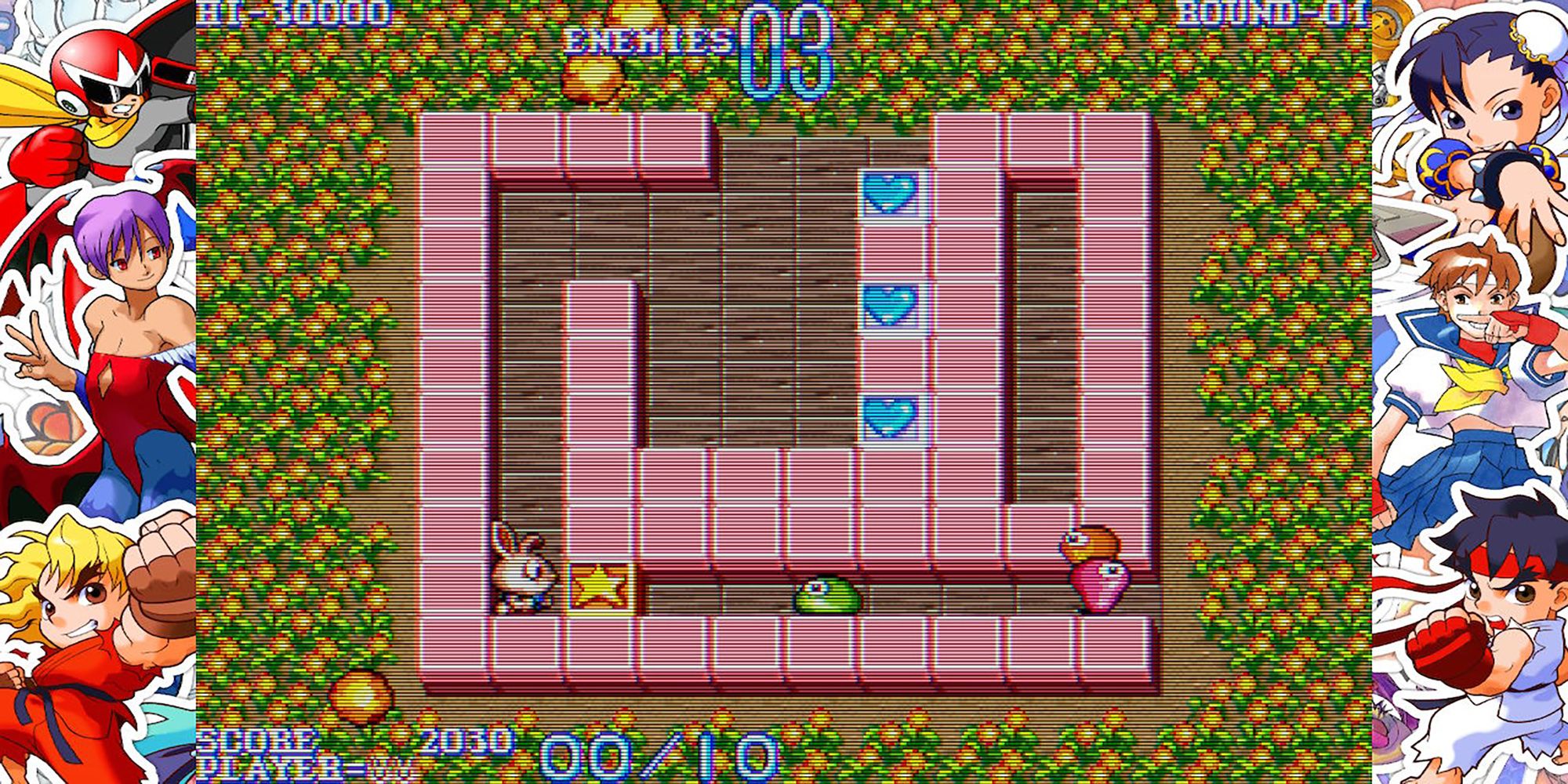 Don, the rabbit, approaches a star block in Don't Pull from Capcom's Three Wonders.