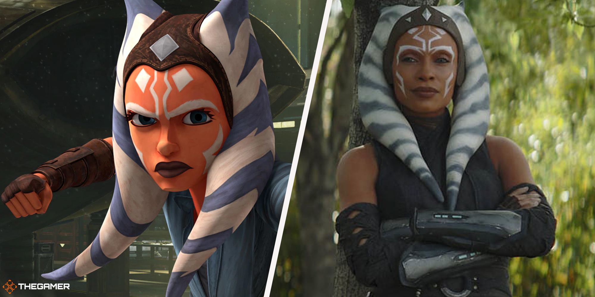 Star Wars - Ahsoka Tano animated (left) and played by Rosario Dawson (right) 2