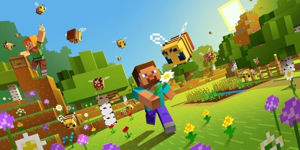 Steve running with a flower in his hand surrounded by bees and flowers in Minecraft
