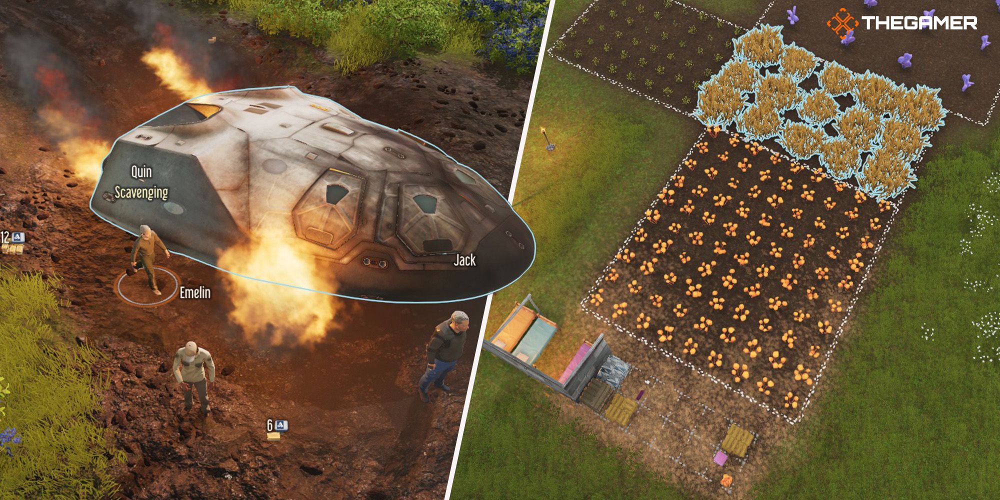 [Panel 1] A spaceship burning on the plains of a mysterious new planet. [Panel 2] An overhead view of vast farm plots. Both images from Stranded: Alien Dawn.