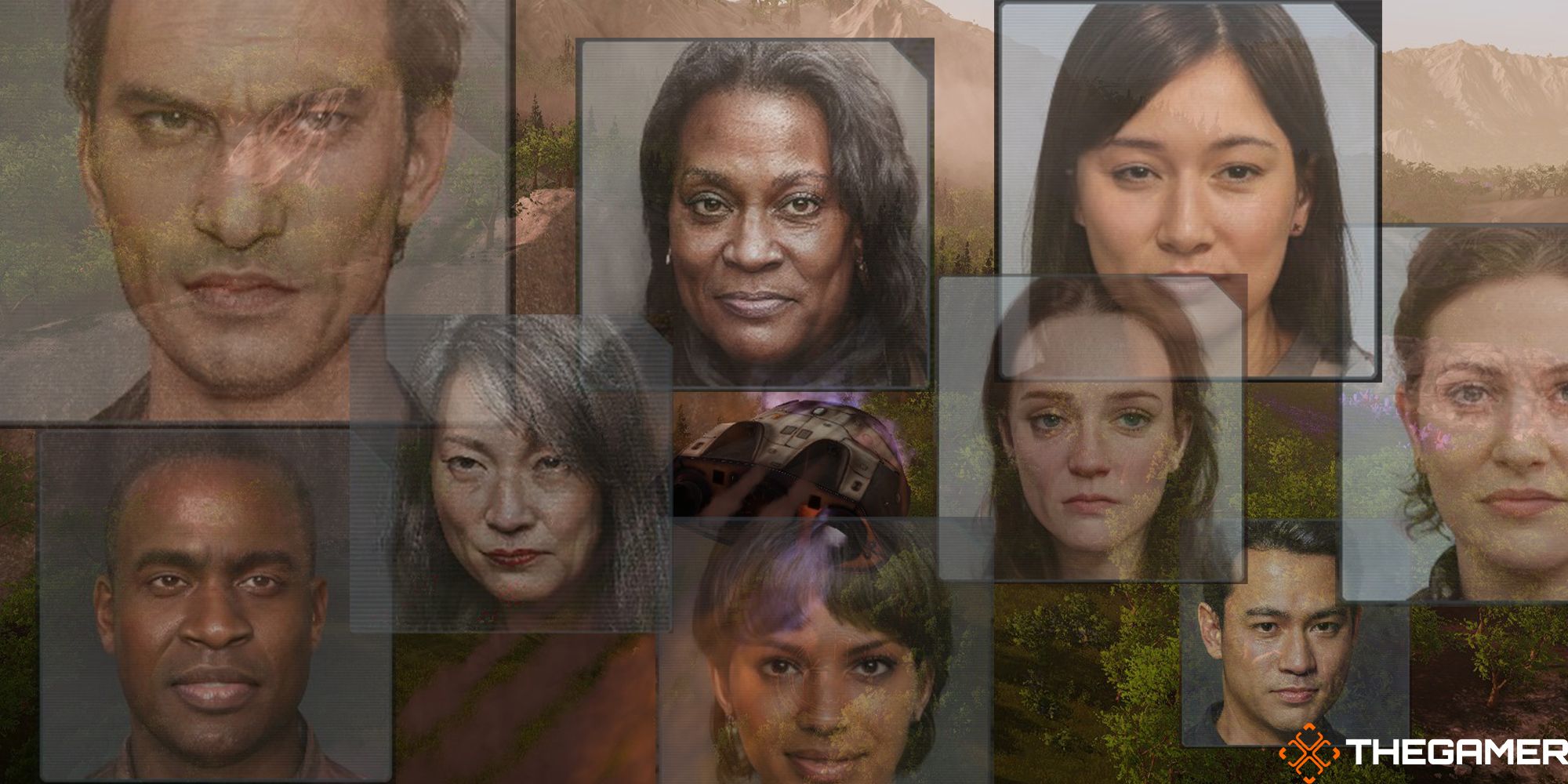 Portraits of various survivors overlap an image of a plunging space craft from Stranded: Alien Dawn.