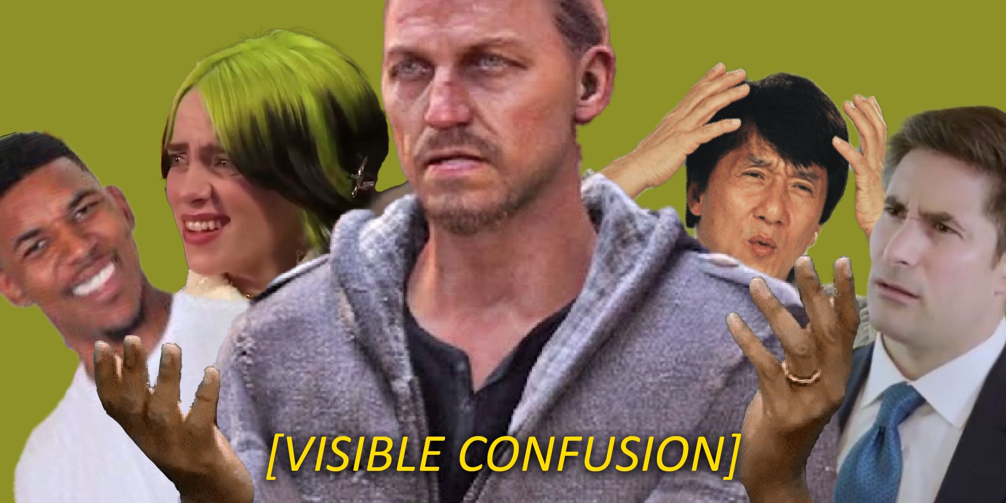 Robert from The Last of Us, surrounded by various memes of people expressing confusion. The caption reads: [Visible Confusion]
