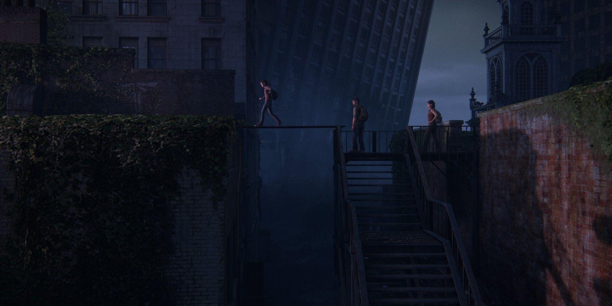 TLOU Ellie Crossing Plank Bridge, Joel and Tess behind her.