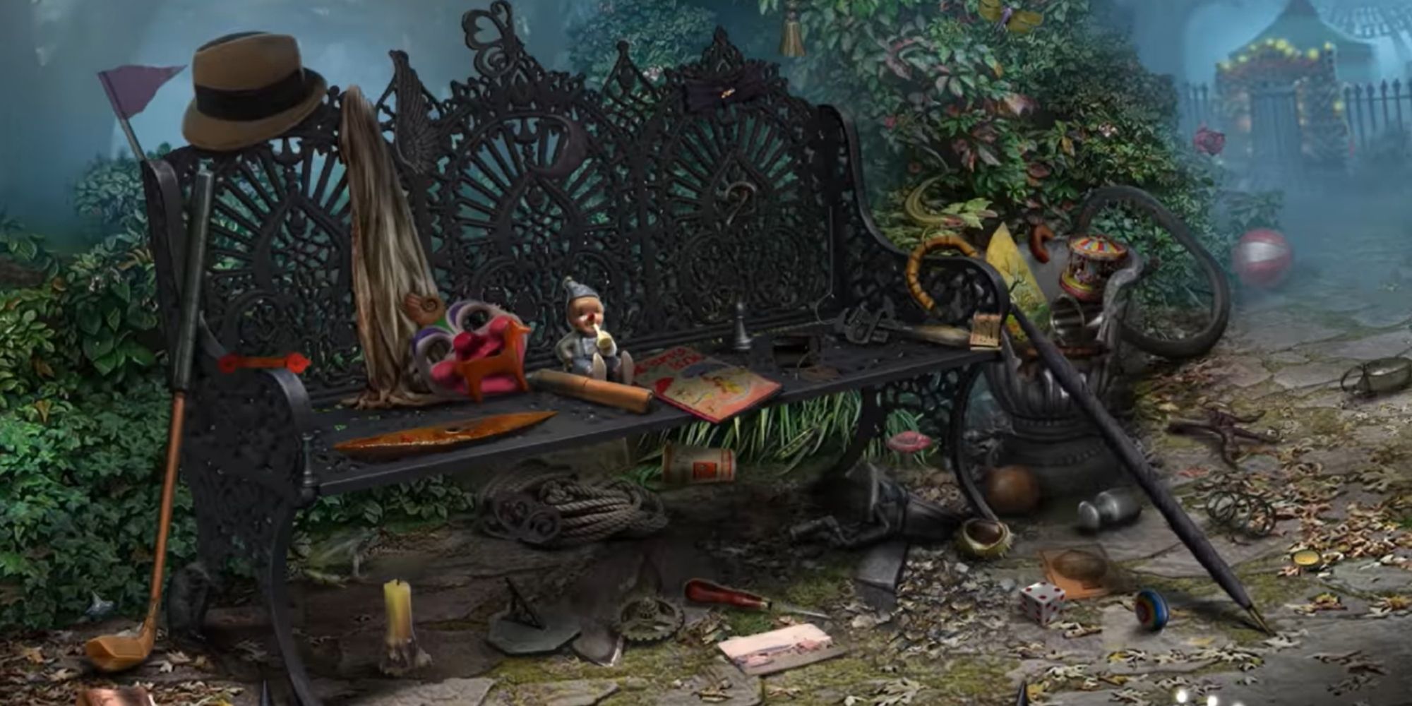 A bench covered in junk, including clown dolls and masks