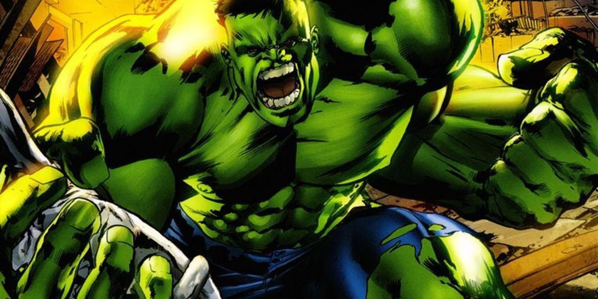 The Incredible Hulk charges through a building with steel in his hand