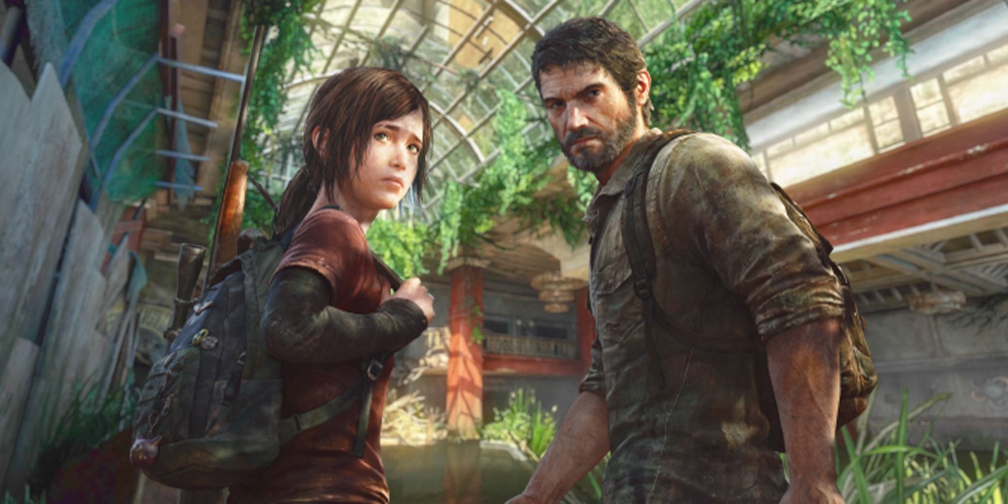 The Last of Us Joel and Ellie with the Hotel level in the background