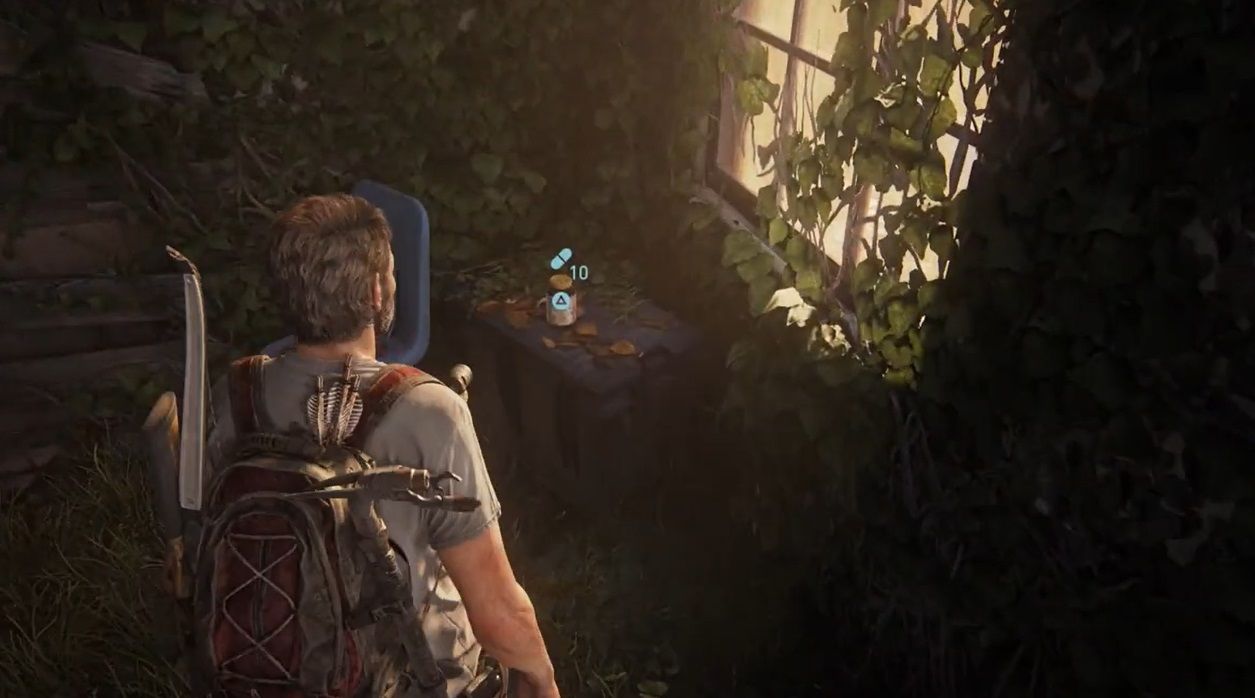 Joel walks to a pill supplement near a chair in room in Science Building at the University in The Last of Us Part 1