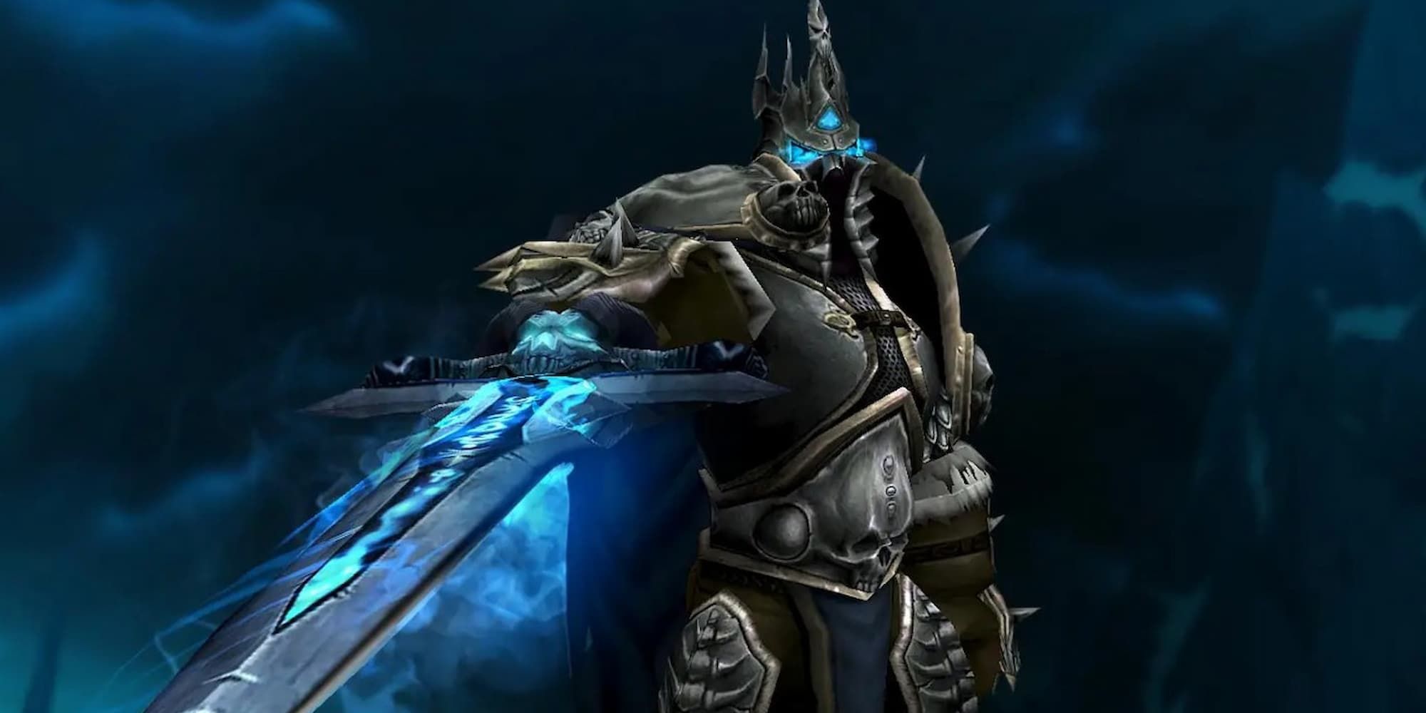 The Lich King's imposing figure stands tall and points his sword towards his adversary.