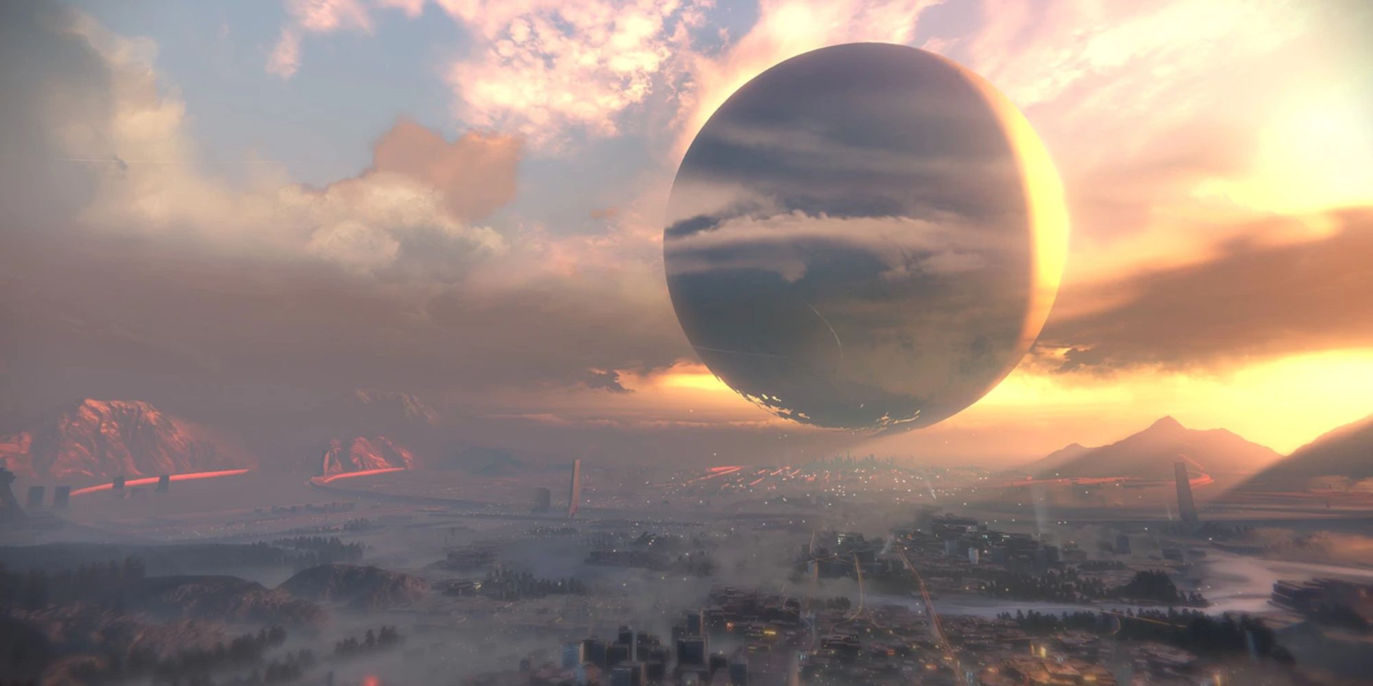 The Traveler floating above the last city in Destiny 2