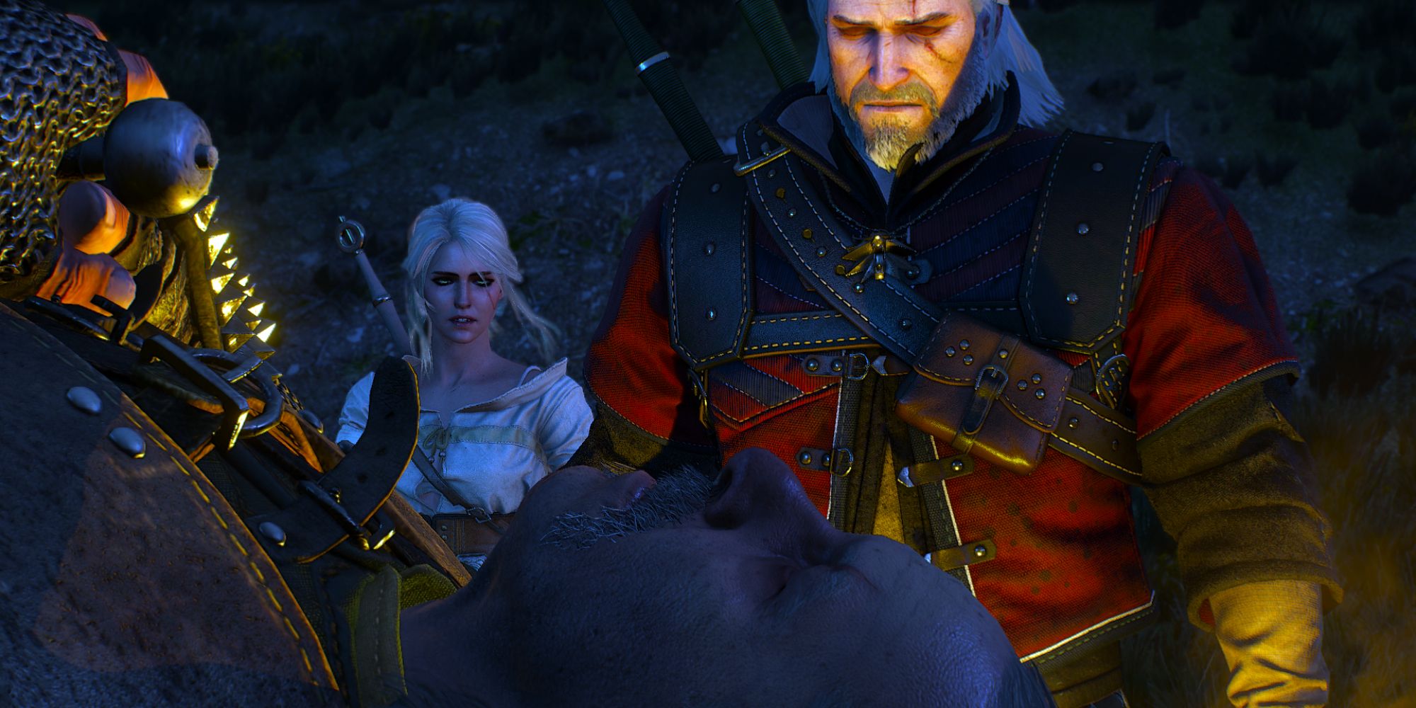 The Witcher 3 Screenshot Of Geralt and Ciri At Vesemir's Funeral