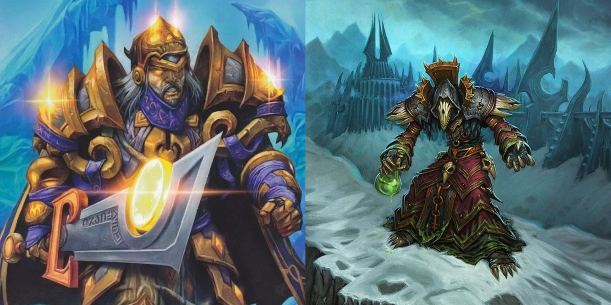 World of Warcraft split image of Tirion Fordring and Grand Apothecary Putress splash arts 