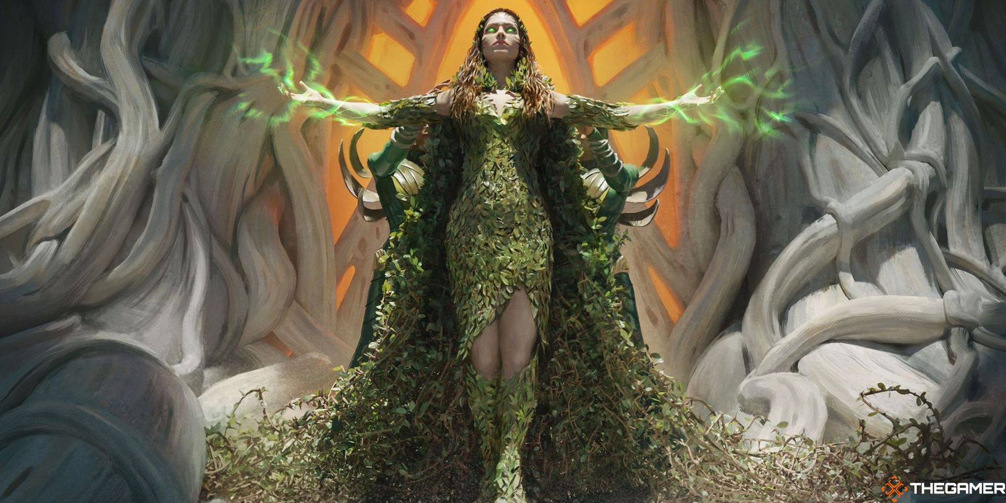 Artwork of Titania, Voice of Gaea by Cristi Balanescu from MTG, showing a woman wearing a dress and cloak made of leaves, arms stretched, seemingly casting a spell.