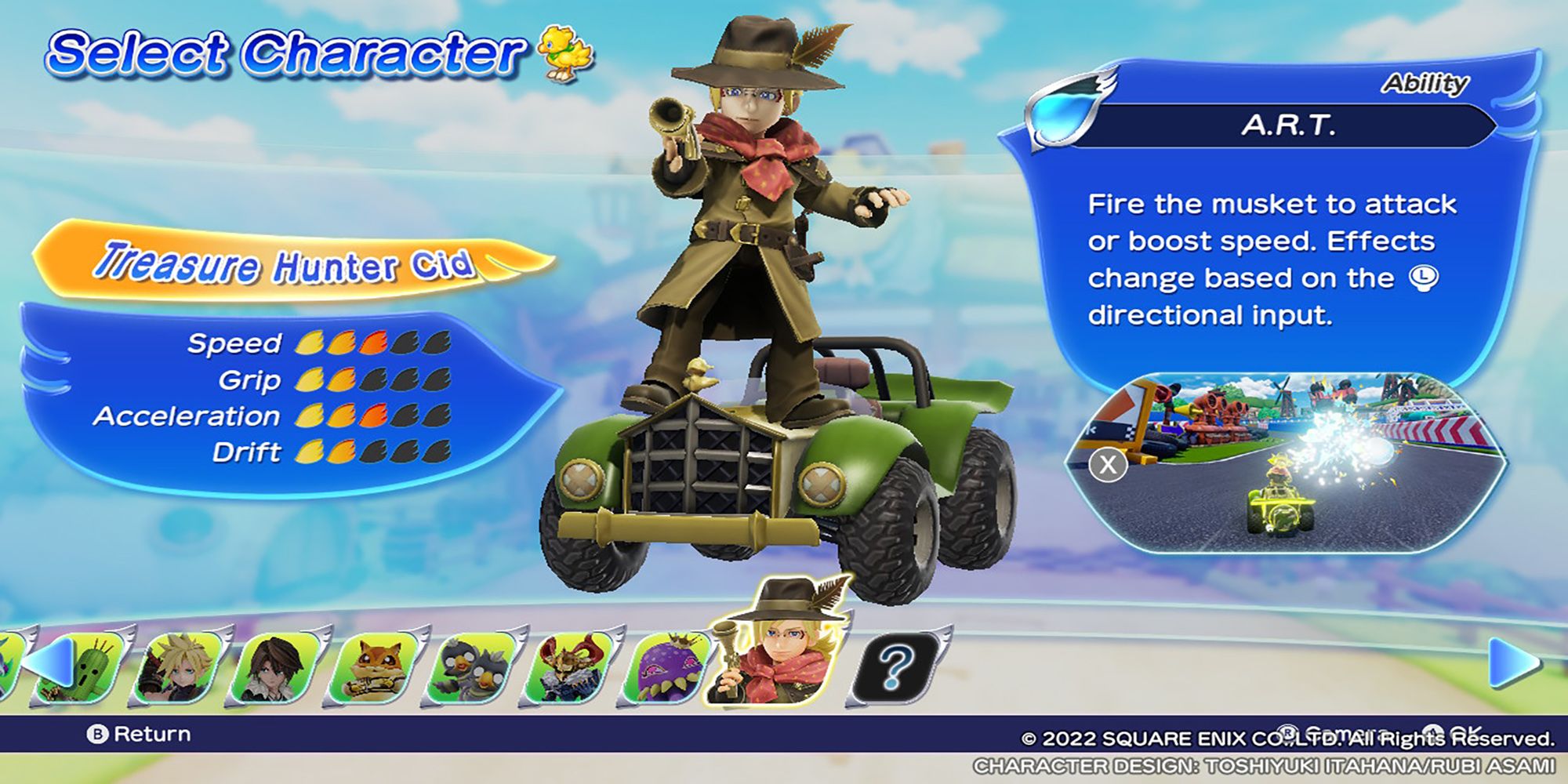 Treasure Hunter Cid stands atop his Dune Buggy in Chocobo GP's Character Select screen.