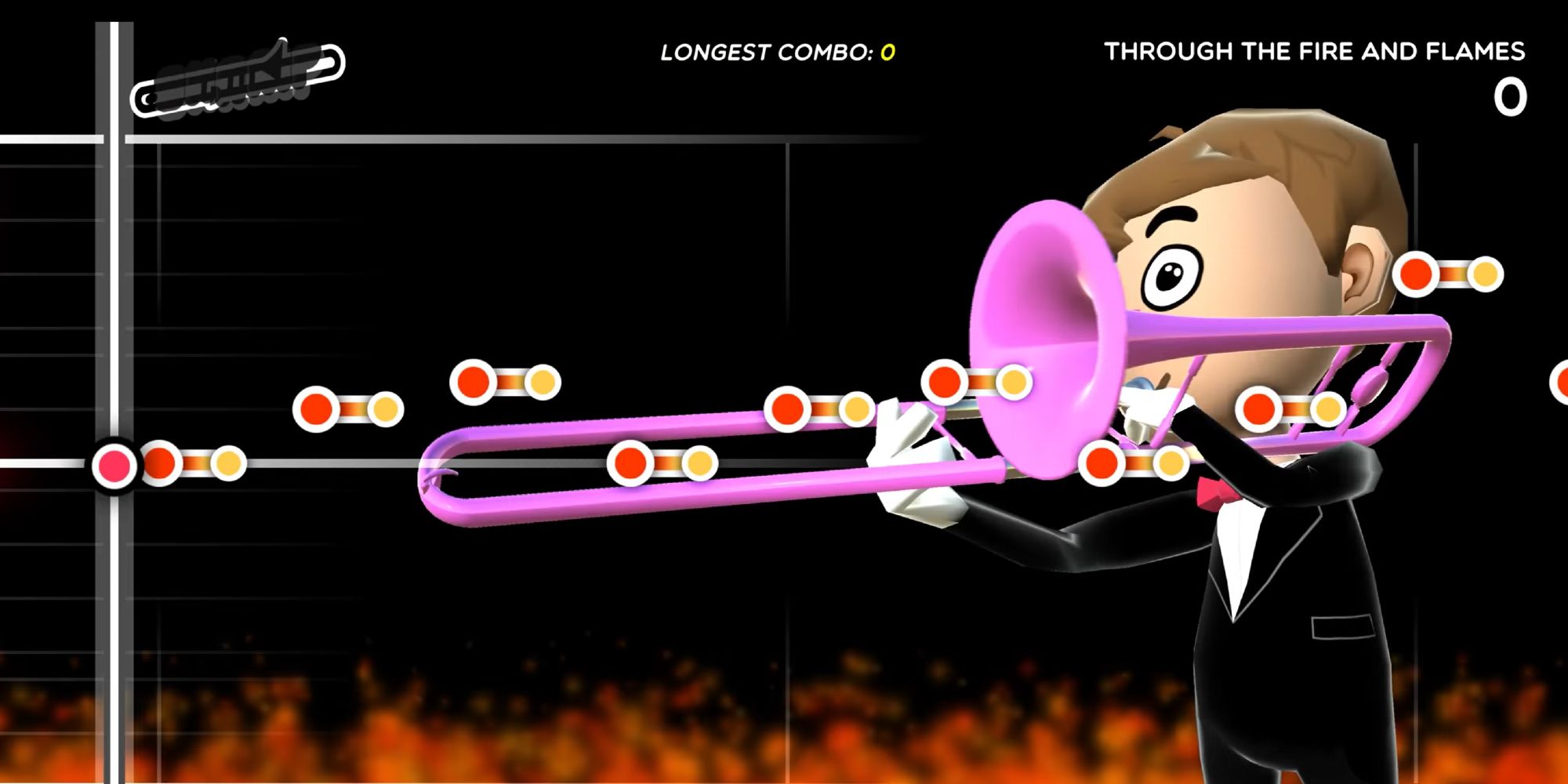 A trombone player with a pink trombone playing Through the Fire and Flames