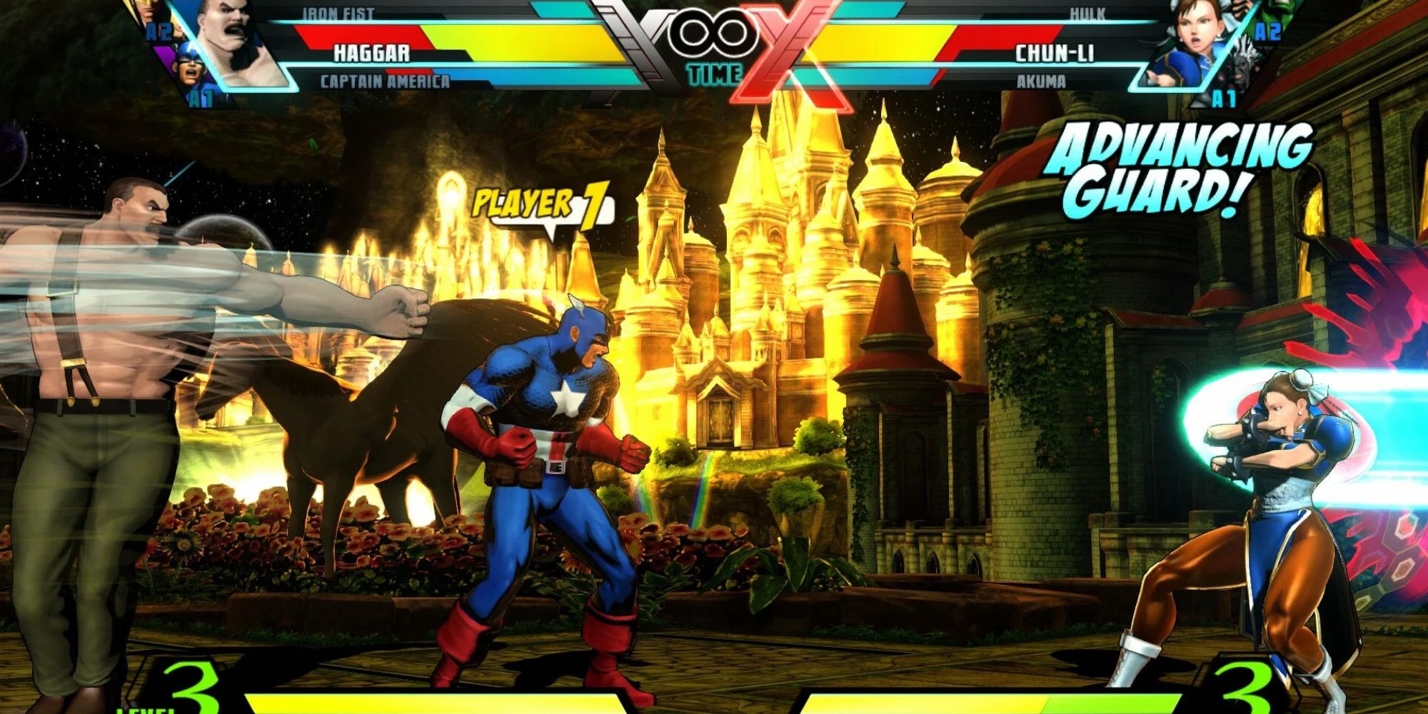 Mike Haggar, Captain America, and Chun-Li duking it out in Ultimate Marvel vs. Capcom 3