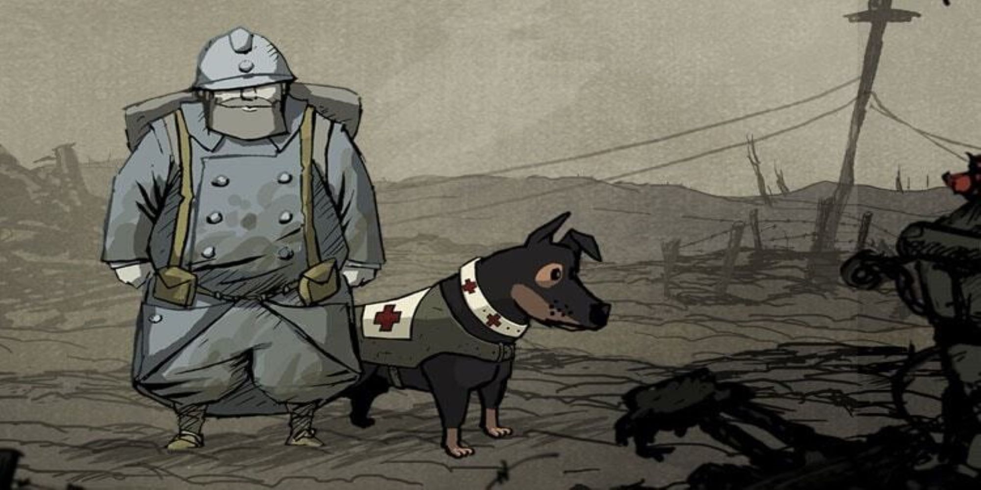 soldier and medic dog standing in rubble 