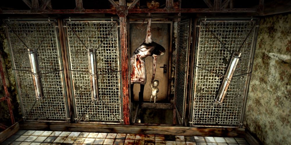 Valtiel hanging from a doorway by his arm with a baby doll in his other hand in Silent Hill 3