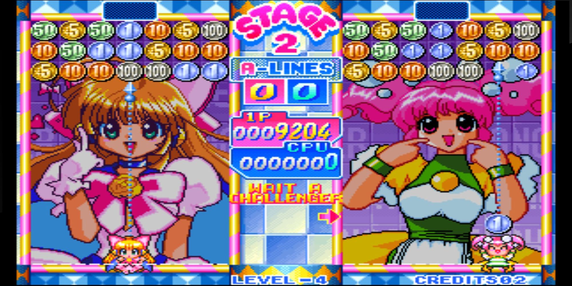 Two characters, in magical girl outfits, throw coins into the playfield during a heated battle in Money Puzzle Exchanger.