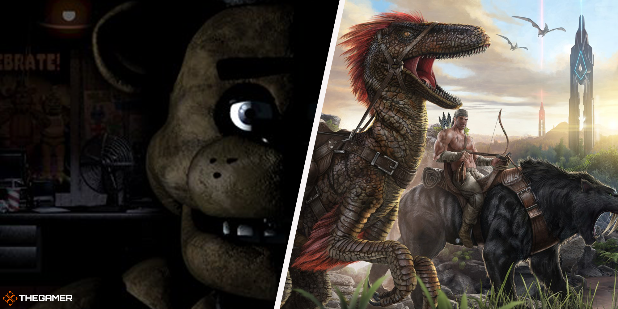 Video game promo images - ark survival evolved on right, five nights at freddys