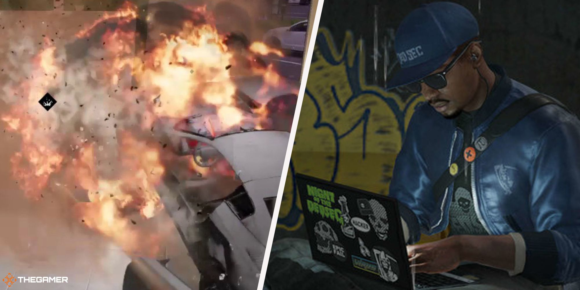Watch Dogs 2 - explosion (left), man on a laptop (right)