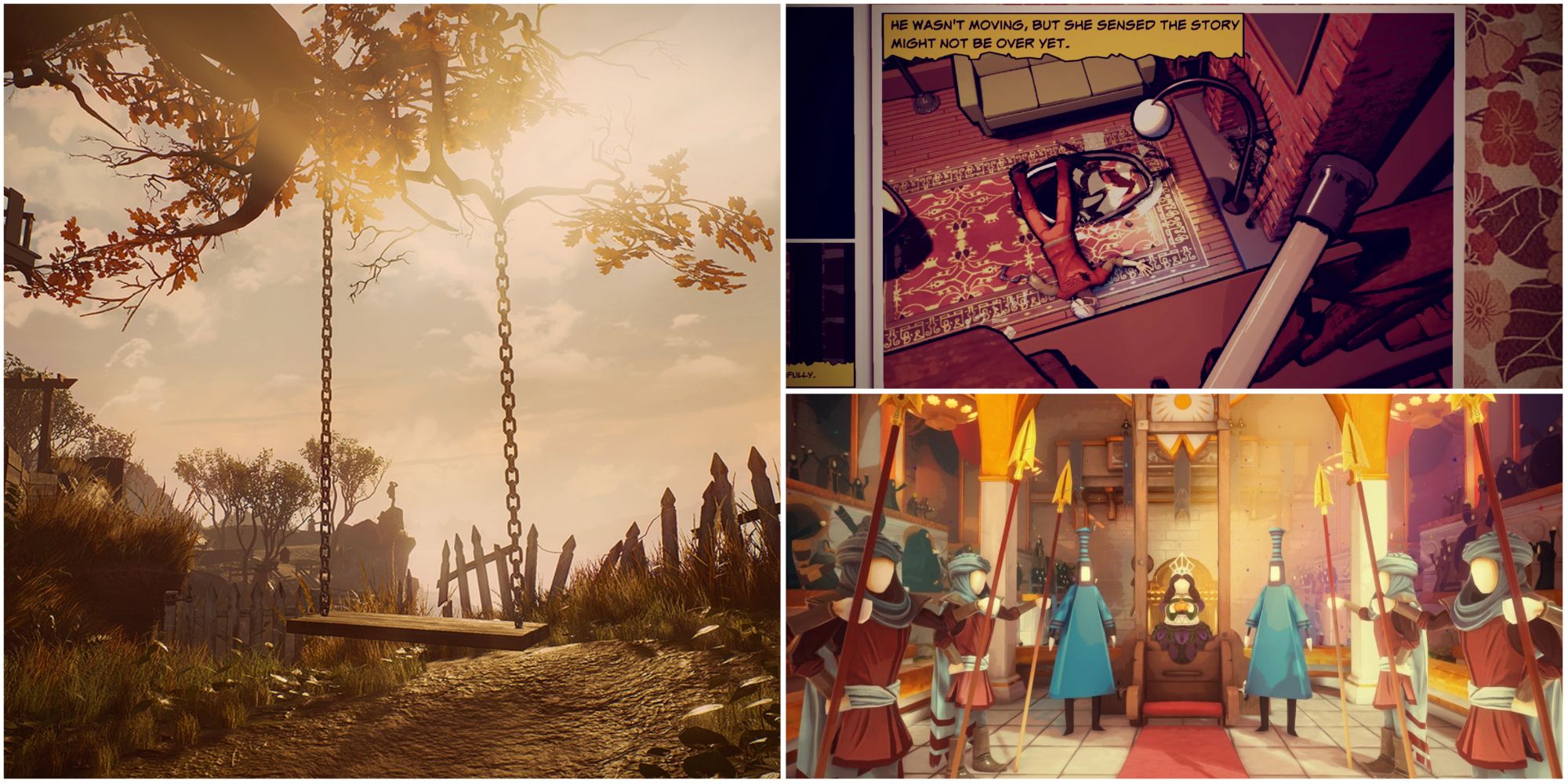 Collage of different scenes in What Remains of Edith Finch, including a swing, horror comic book and throne room