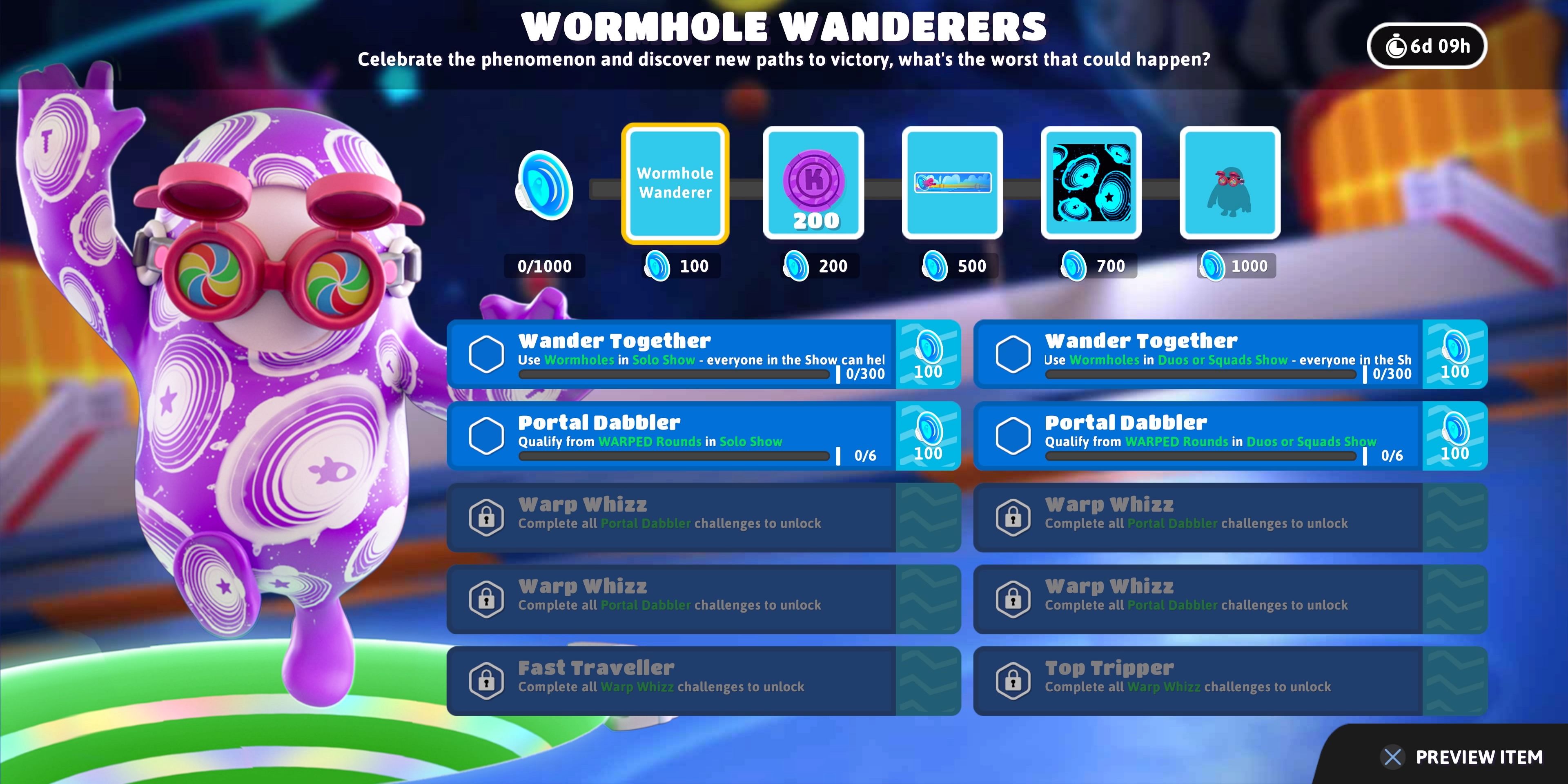 Wormhole Wanderers Event screen with the event challenges and rewards on it