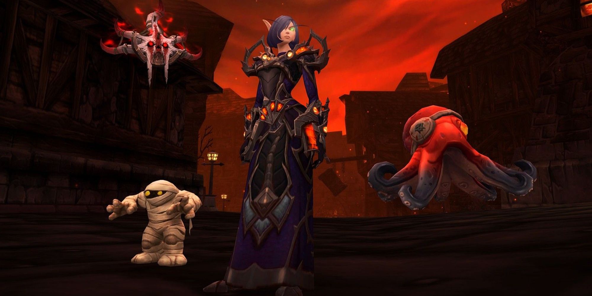 A void elf surrounded by three battle pets