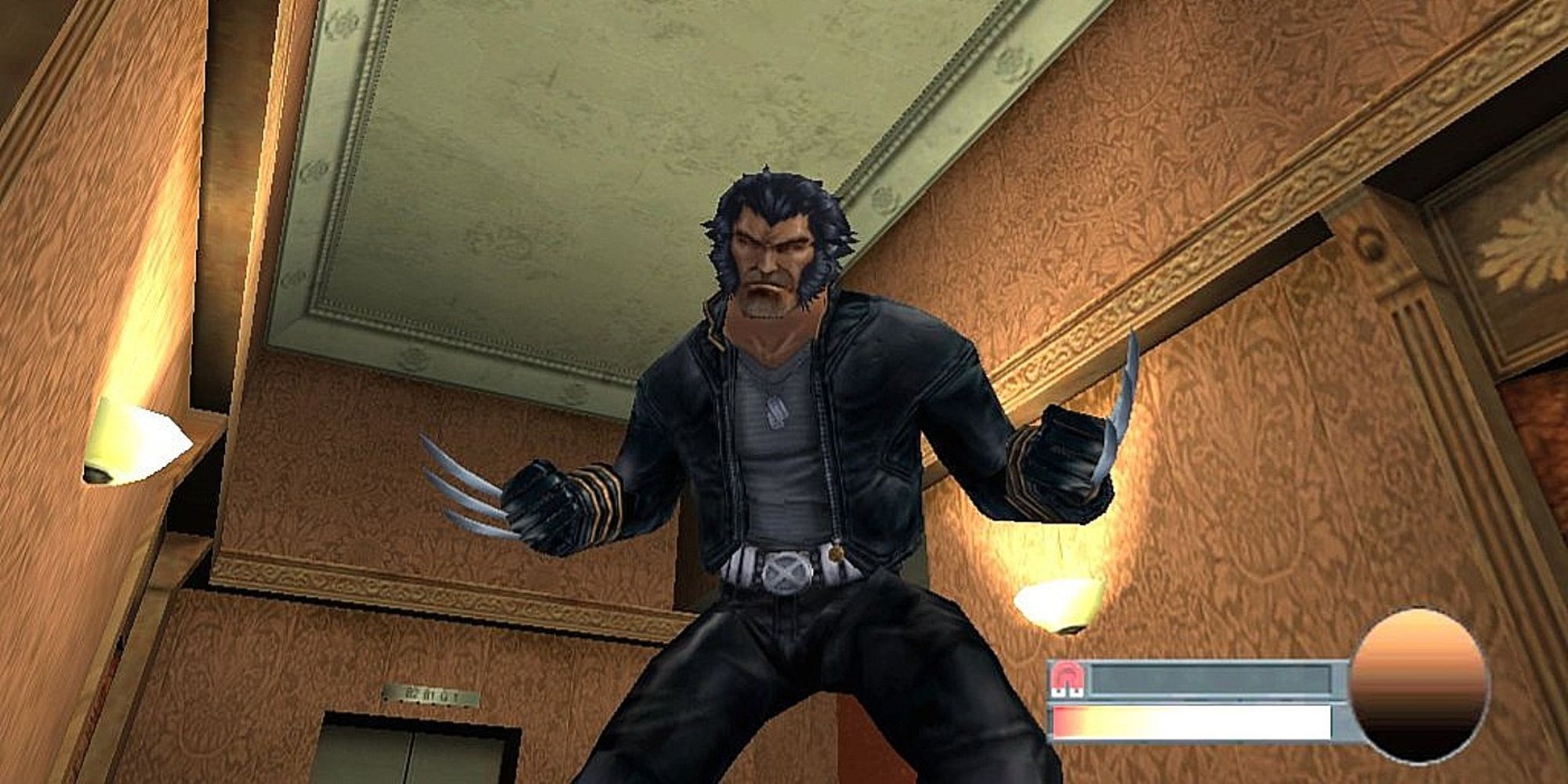 Wolverine stands in a hallway with his claws out