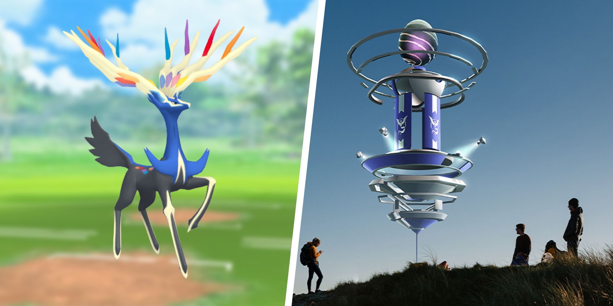 Xerneas from Pokemon split with an image of a Pokemon Go Raid with people around it