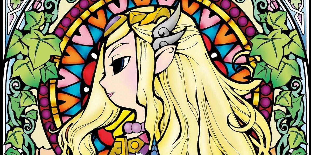 A stained glass window depicting Zelda from Wind Waker