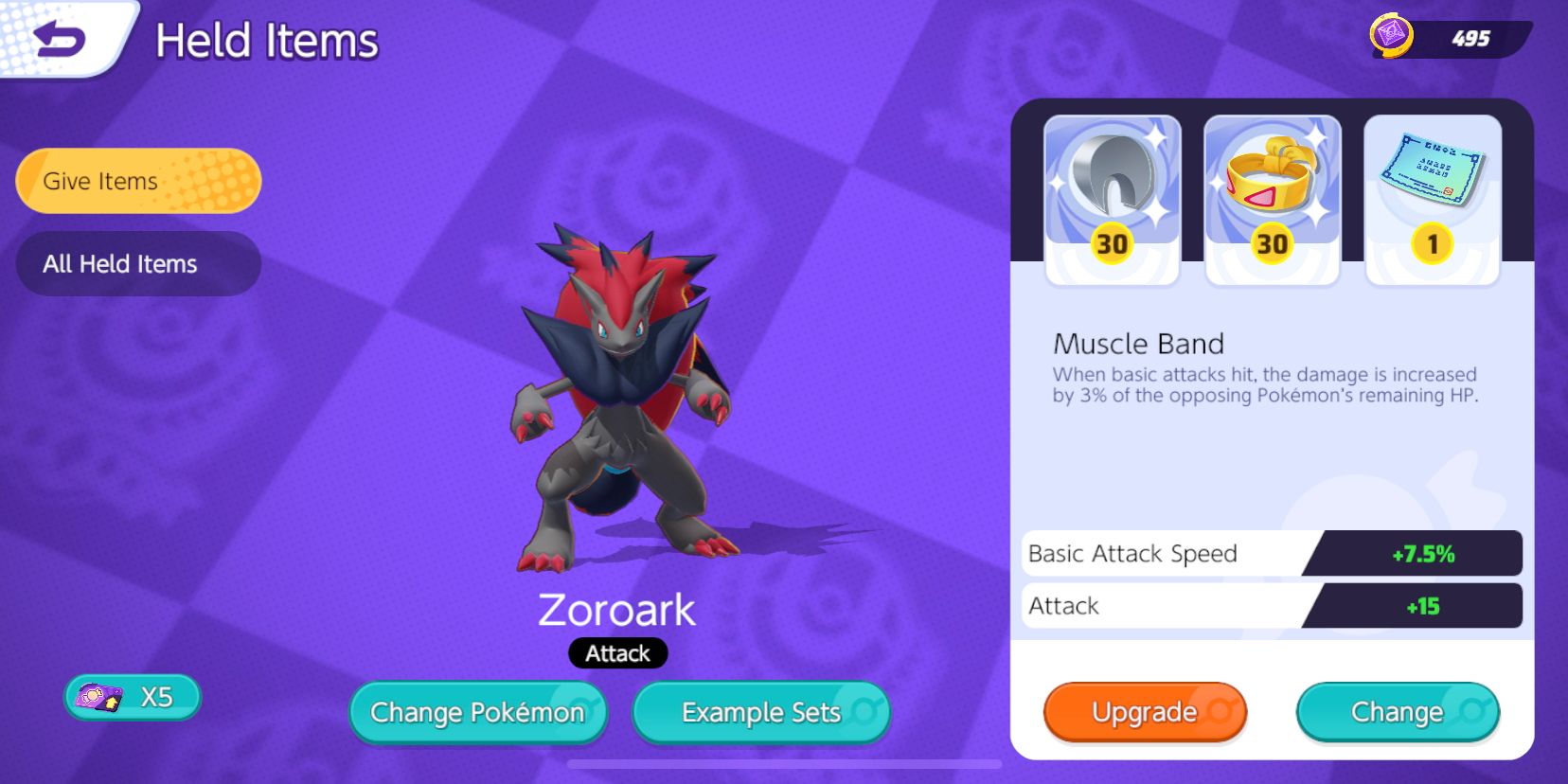 Zoroark Held Item customization screen with Razor Claw, Muscle Band, and Weakness Policy selected