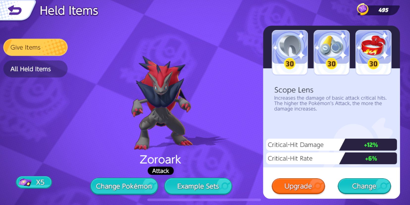 Zoroark Held Item selection screen with Razor Claw, Scope Lens, and Focus Band selected