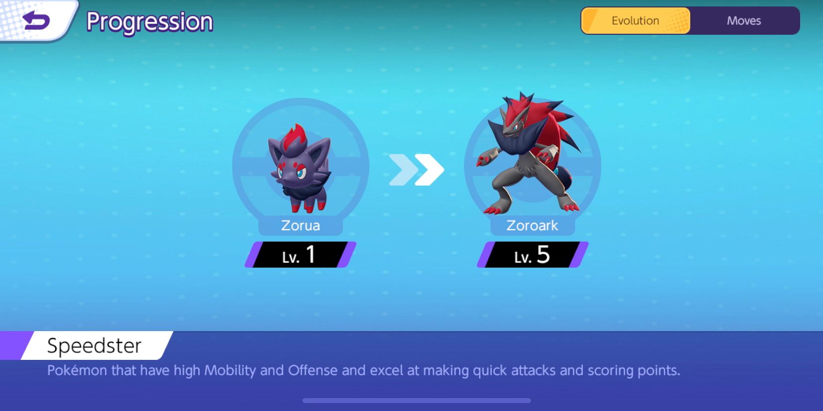 Zoroark Progression screen showing when Zorua evolves into Zoroark in Pokemon Unite