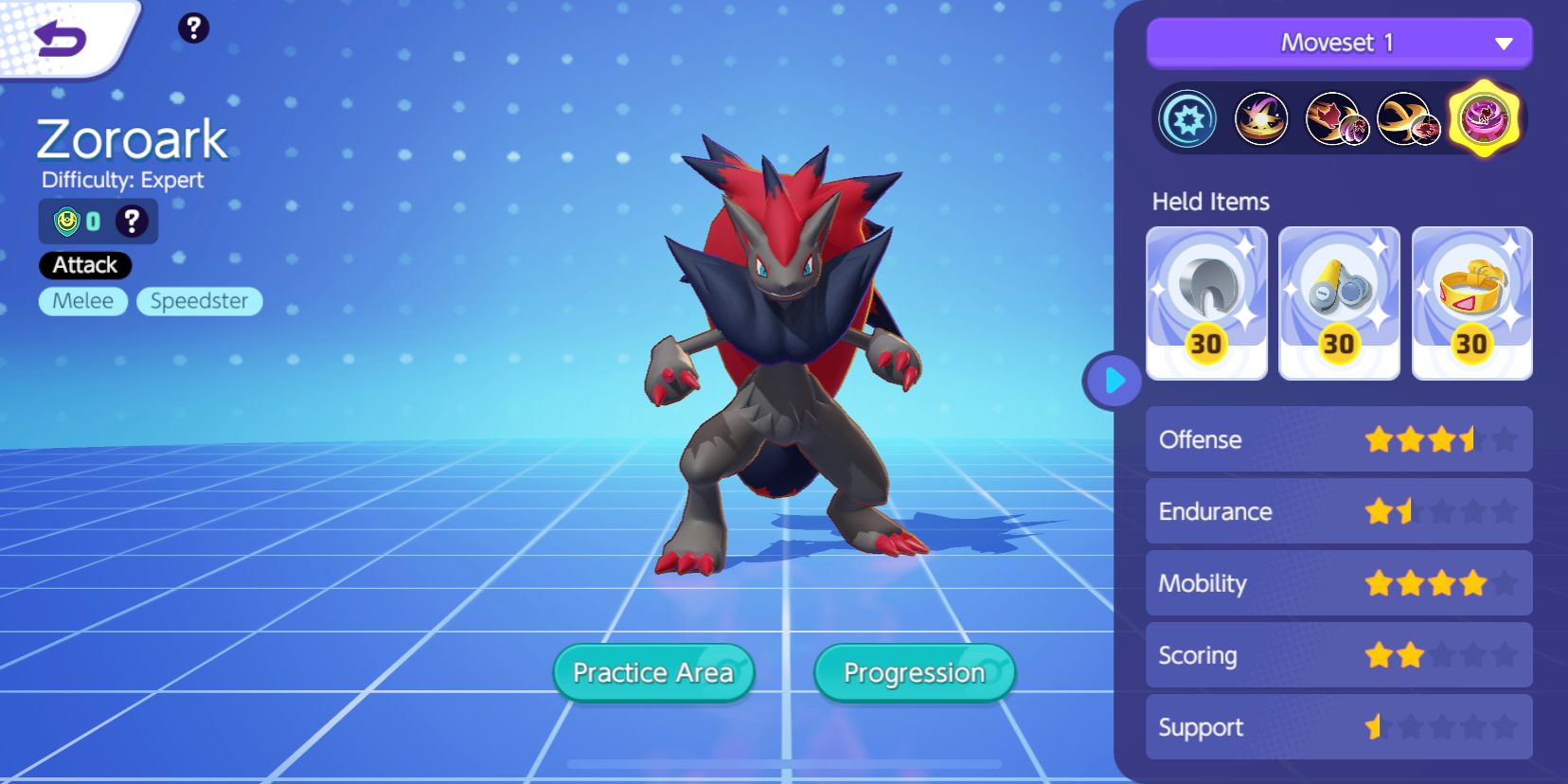 Zoroark from the Pokemon Unite character selection screen showing its stats and Held Items