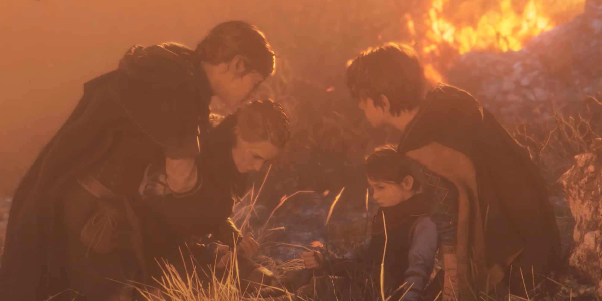 a plague tale requiem amicia hugo lucas beatrice in front of fire