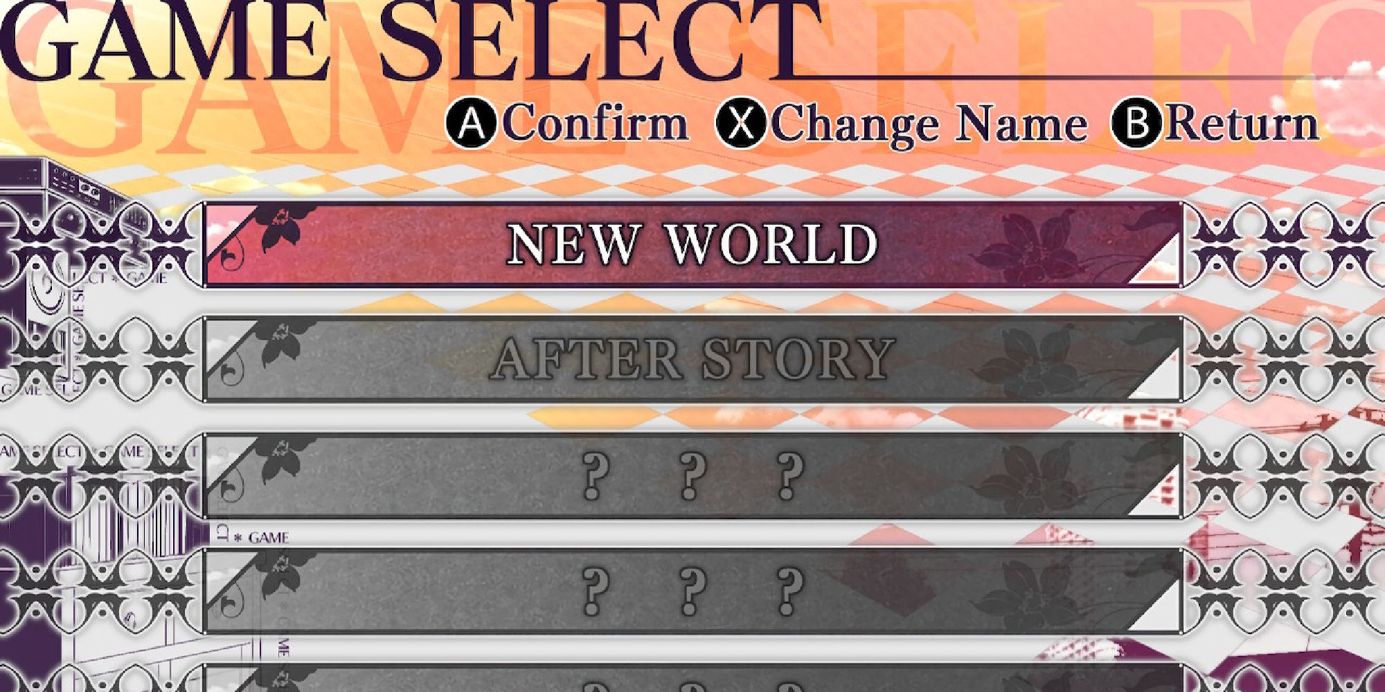 game select screen with new world and after story