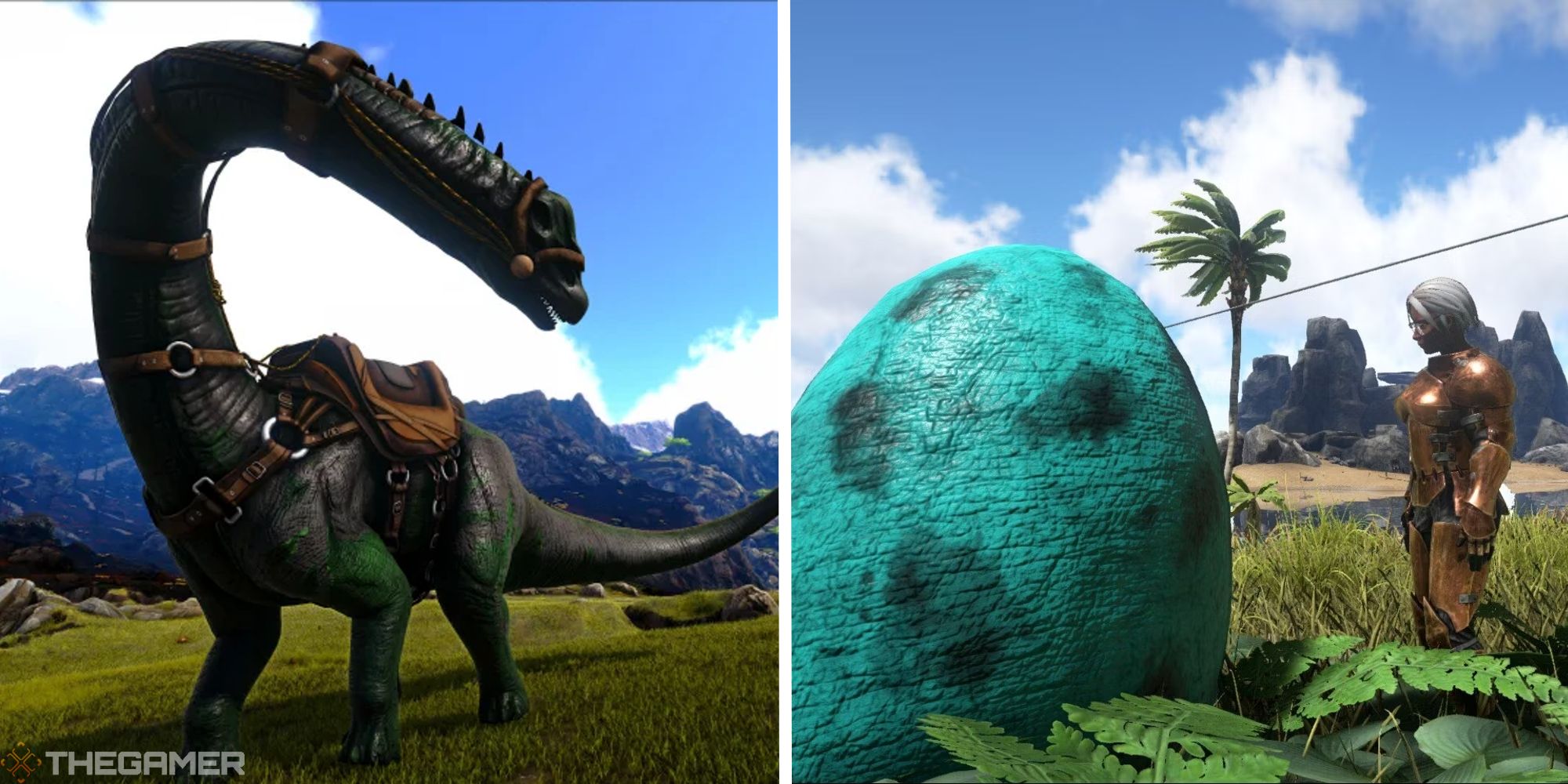 image of bronto next to image of bronto egg and human for scale