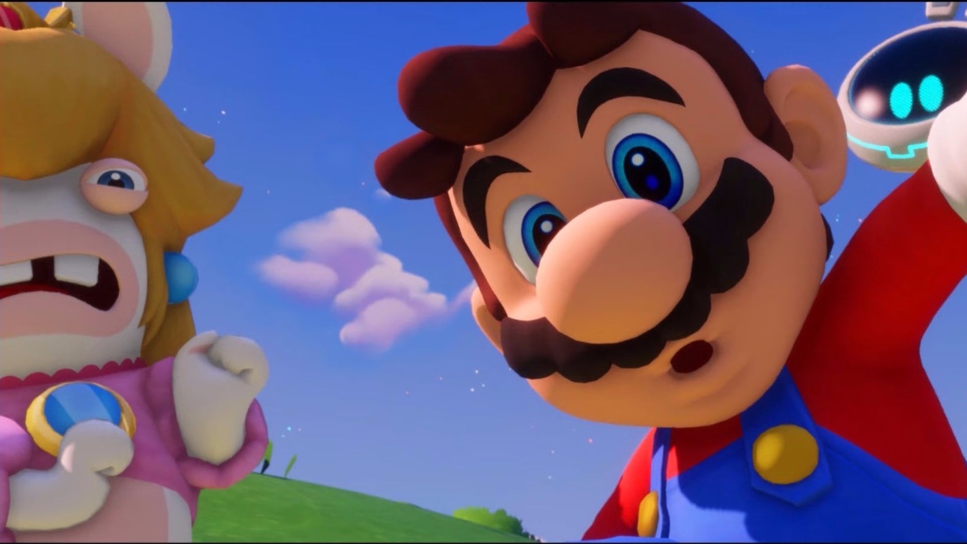 Rabbid Peach and Mario look at the Spark in amazement in Mario + Rabbids