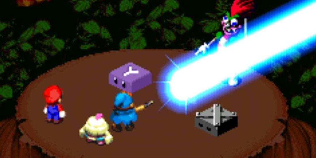 Geno firing his Geno Beam at Bowyer in Super Mario RPG