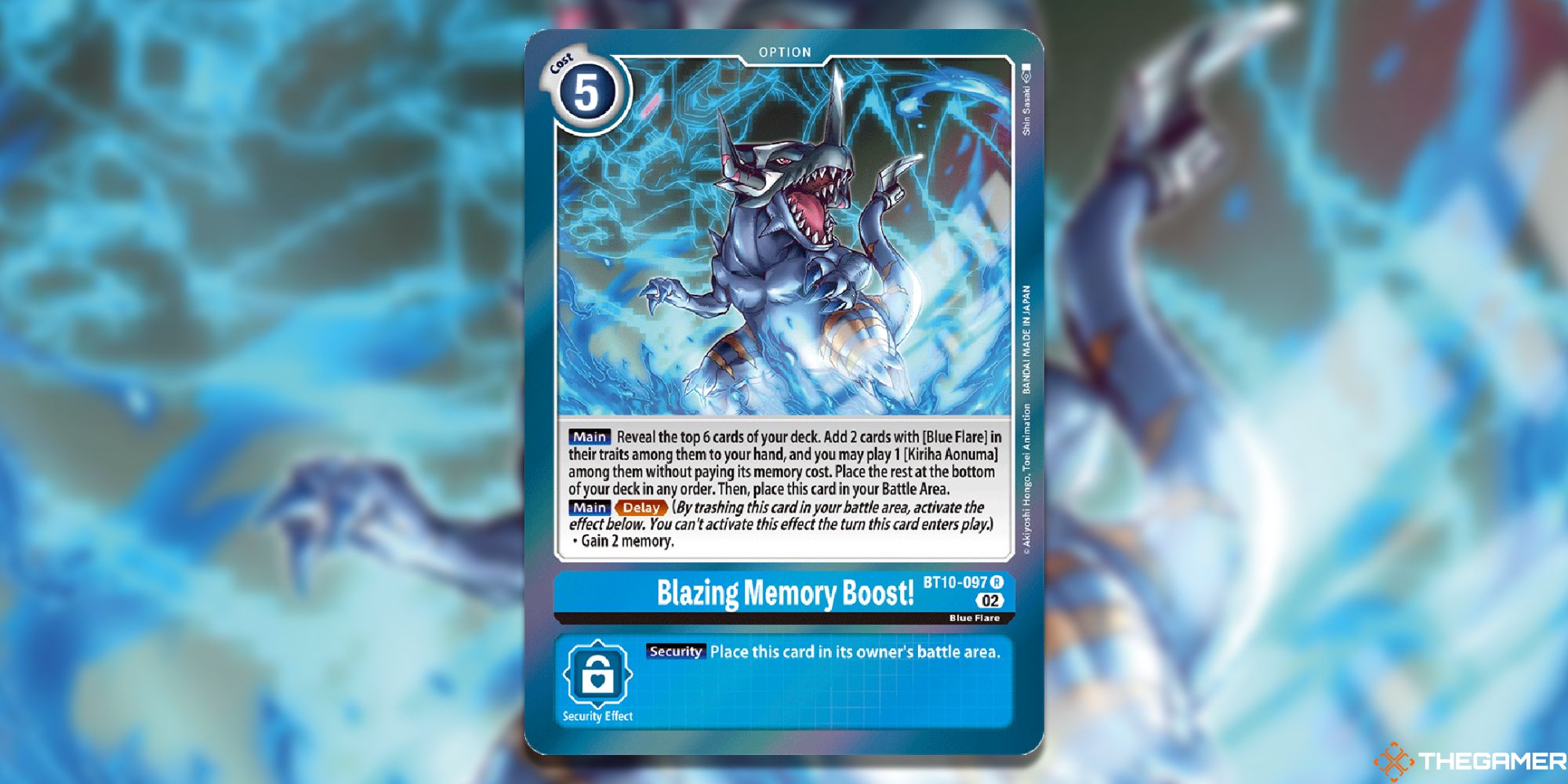 blazing memory boost card from digimon card game with blur background