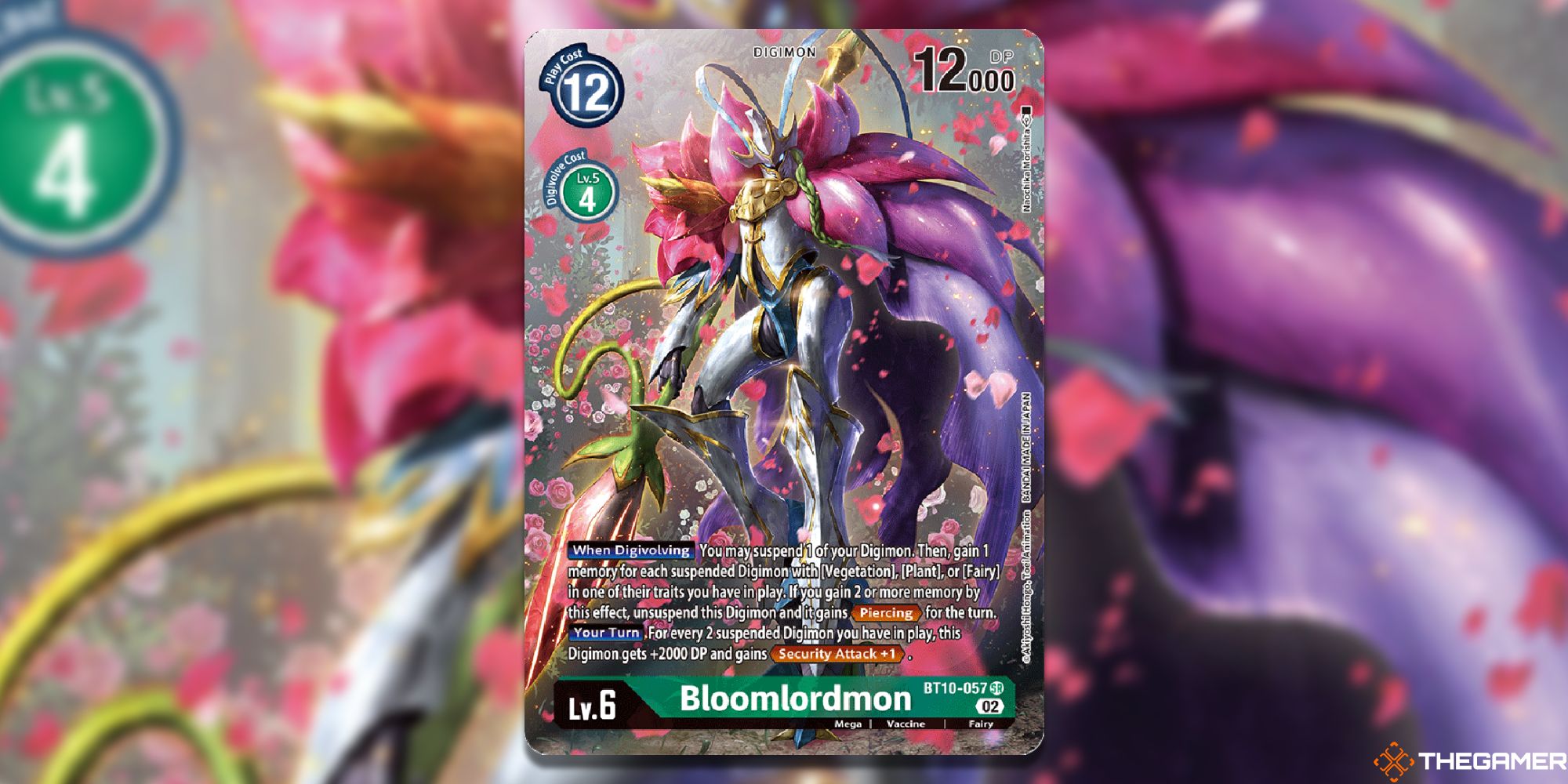 bloomlordmon alt art card from digimon card game with blur background