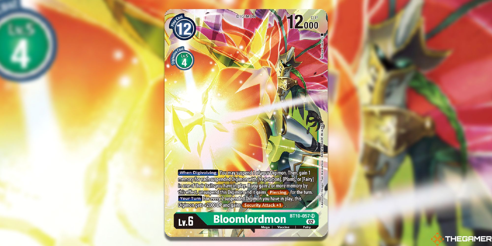 bloomlordmon card from digimon card game with blur background