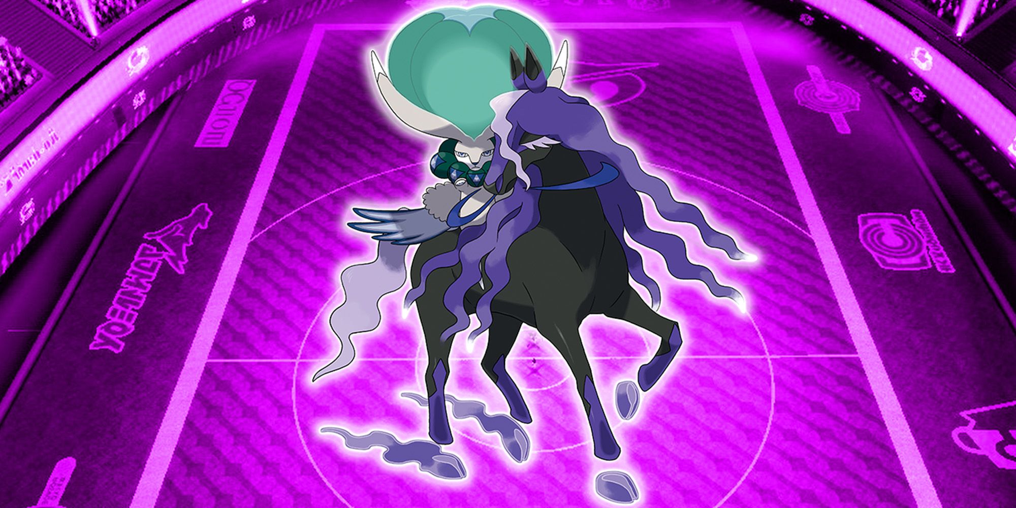 calyrex shadow rider with purlple battle stadium in background