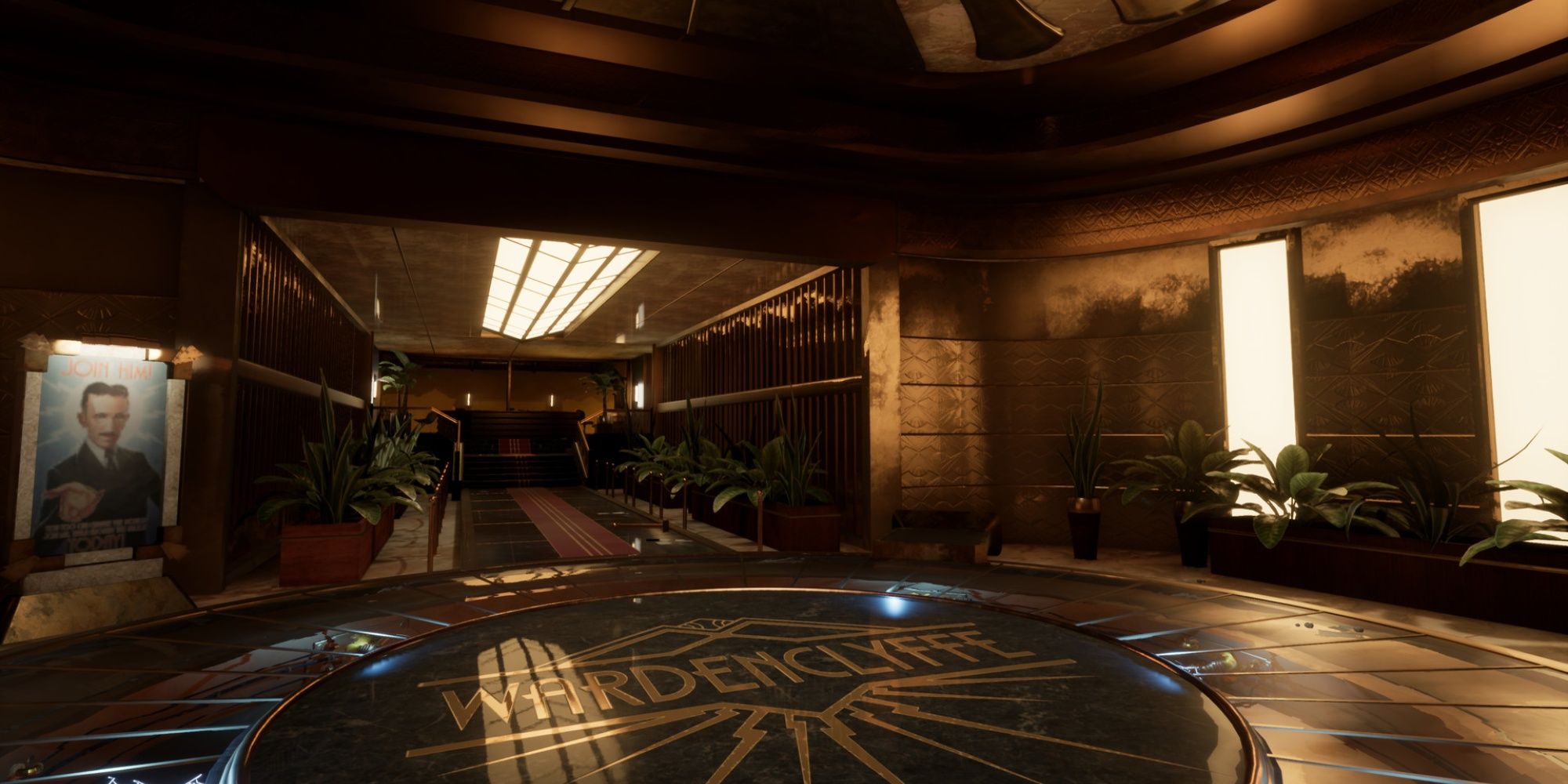 Close To The Sun screenshot showing a wide, art deco styled room, with a Wardenclyffe logo and a picture of Nikola Tesla. 