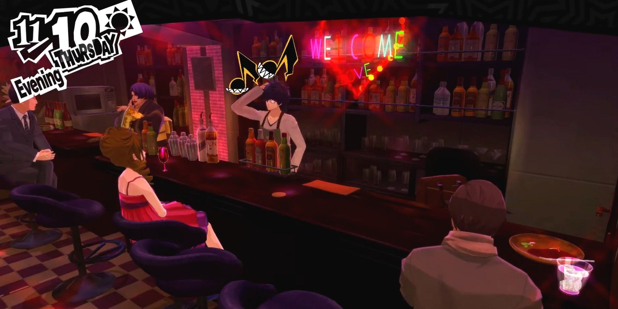joker behind the bar gaining charm for talking to the woman