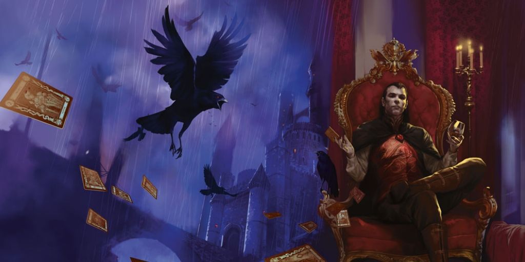 Dungeons & Dragons image showing Strahd seated holding a chalice, a raven and flying cards of the arcana