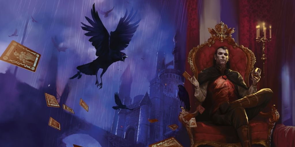 Dungeons & Dragons art showing Strahd sitting and holding a goblet, a raven, and flying arcana cards