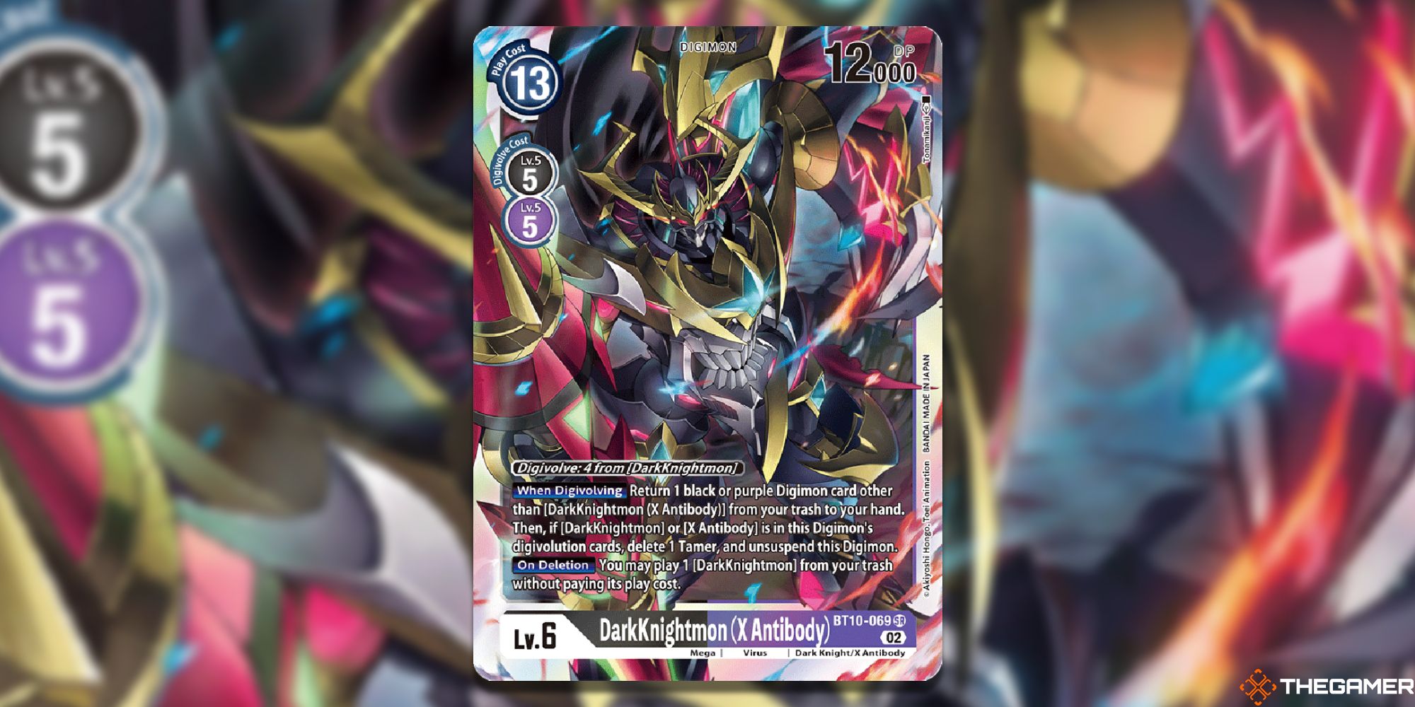 darkknightmon x antibody card from digimon card game with blur background