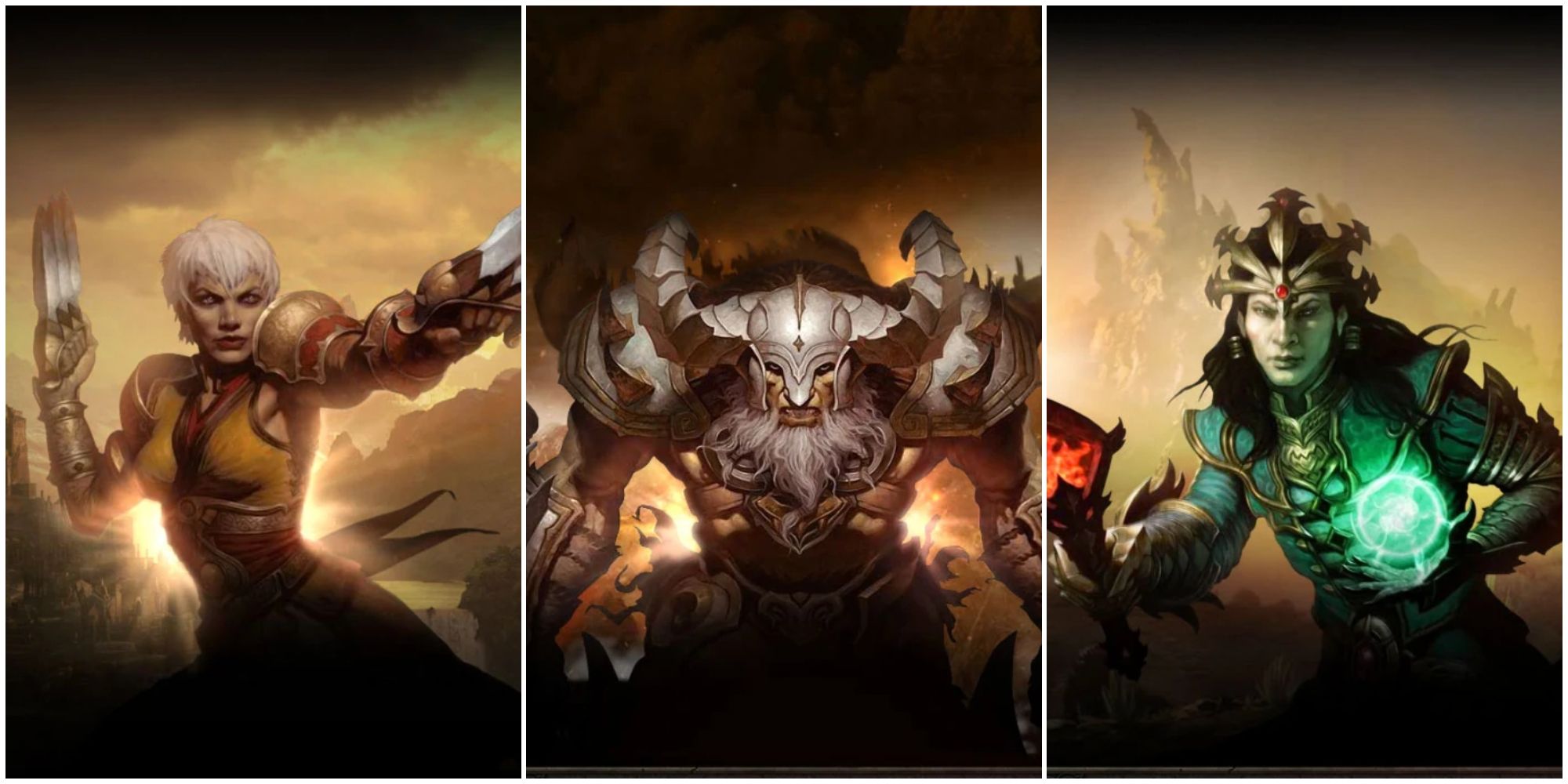 Split images of Monk, Barbarian and Wizard in Diablo 3.
