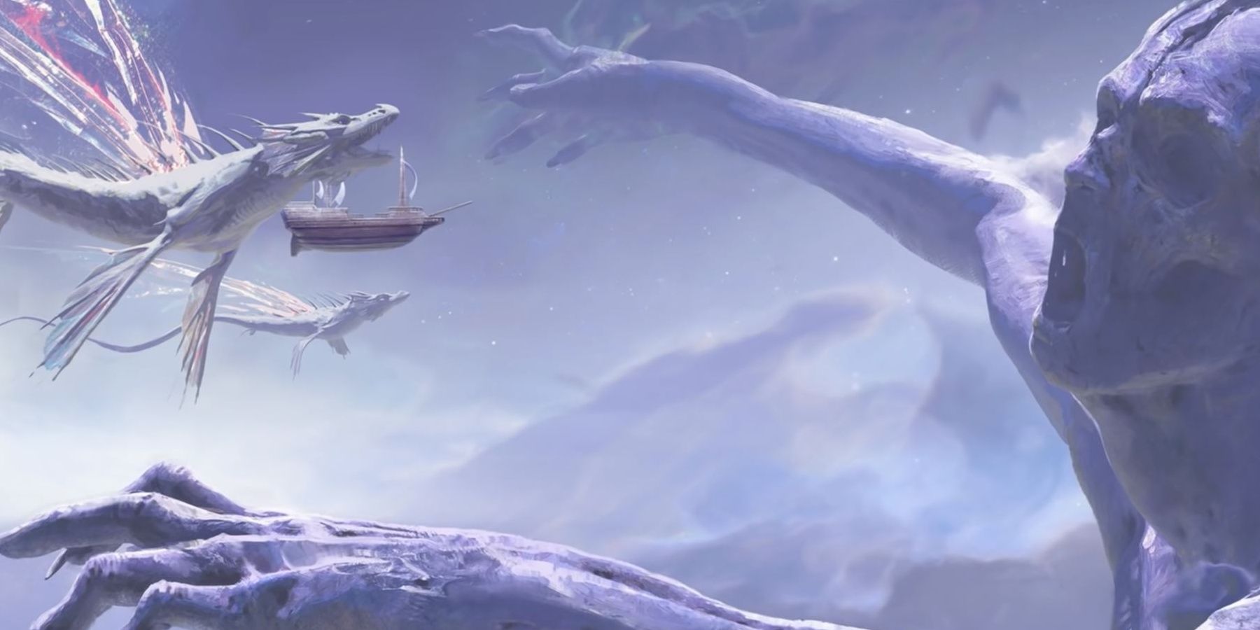 Dungeons and Dragons Spelljammer Galleon Ship Beside White Dragons Flying Toward Golem Monster In The Sky